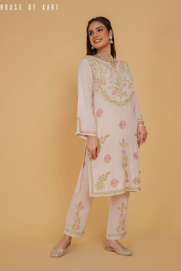Chikankari Kurta Set In Rayon - Beige