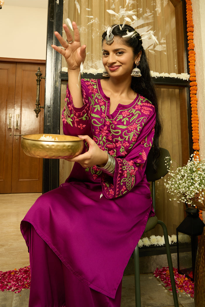Chikankari Kurta Set in Satin Silk with Farsi Pants – Purple