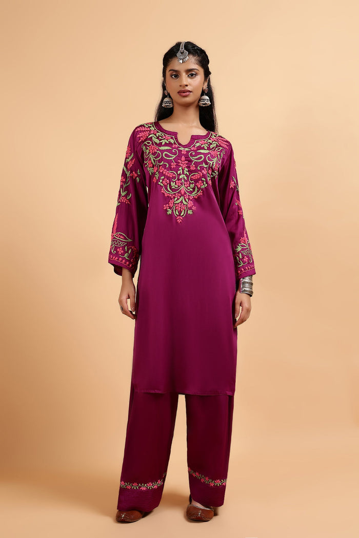 Chikankari Kurta Set in Satin Silk with Farsi Pants – Purple