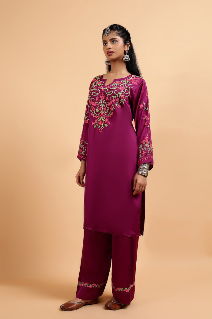 Chikankari Kurta Set in Satin Silk with Farsi Pants – Purple