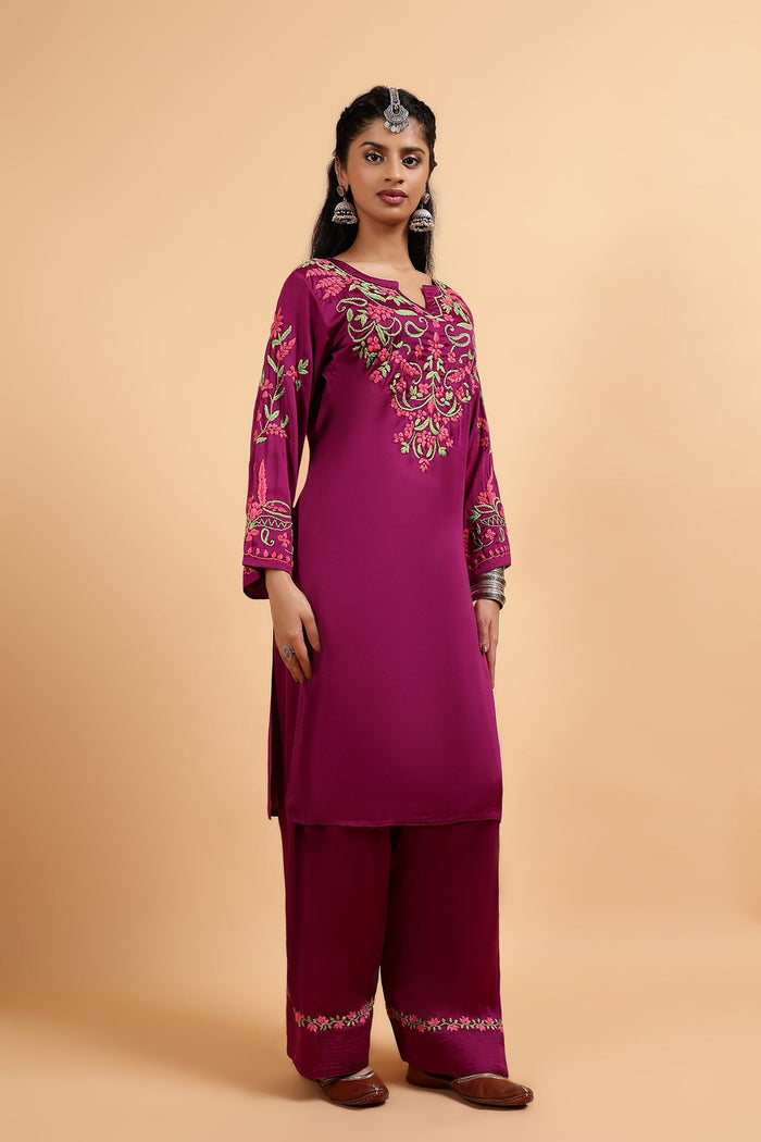 Chikankari Kurta Set in Satin Silk with Farsi Pants – Purple