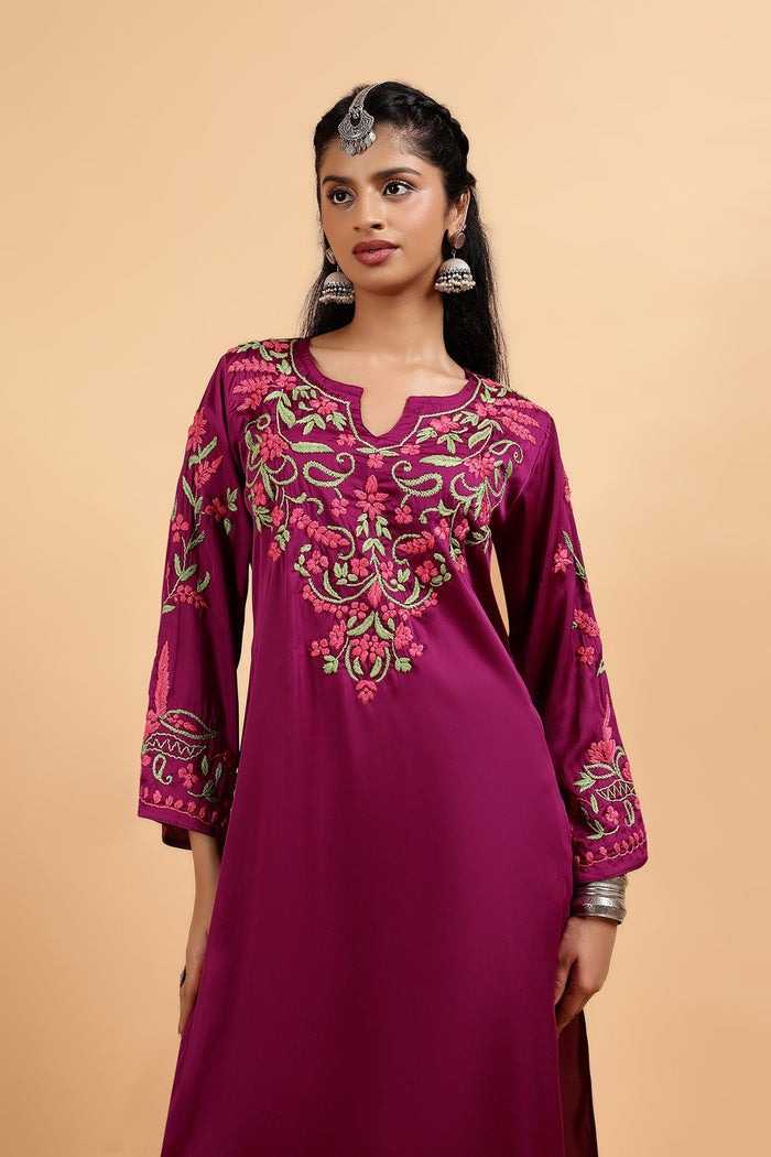Chikankari Kurta Set in Satin Silk with Farsi Pants – Purple