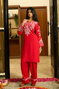 Chikankari Kurta Set in Satin Silk with Farsi Pants – Red