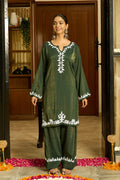 Chikankari Kurta Set in Viscose with Farsi Pants – Bottle Green