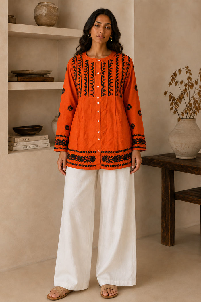 Chikankari Short Kurta Round Neck - Orange with Black Embroidery