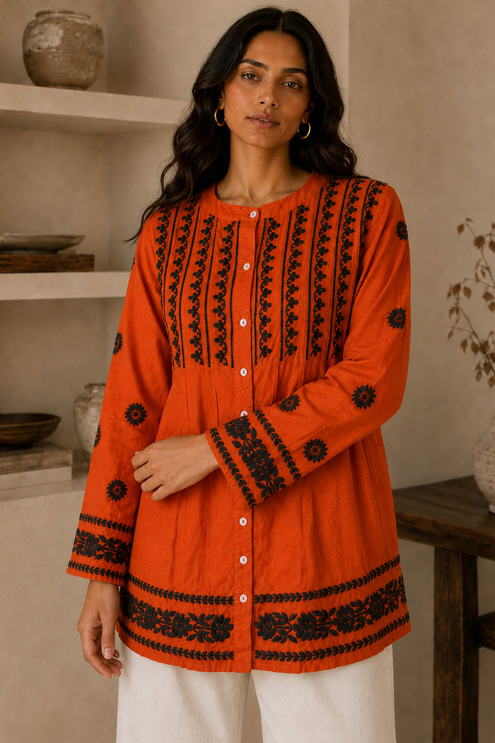 Chikankari Short Kurta Round Neck - Orange with Black Embroidery