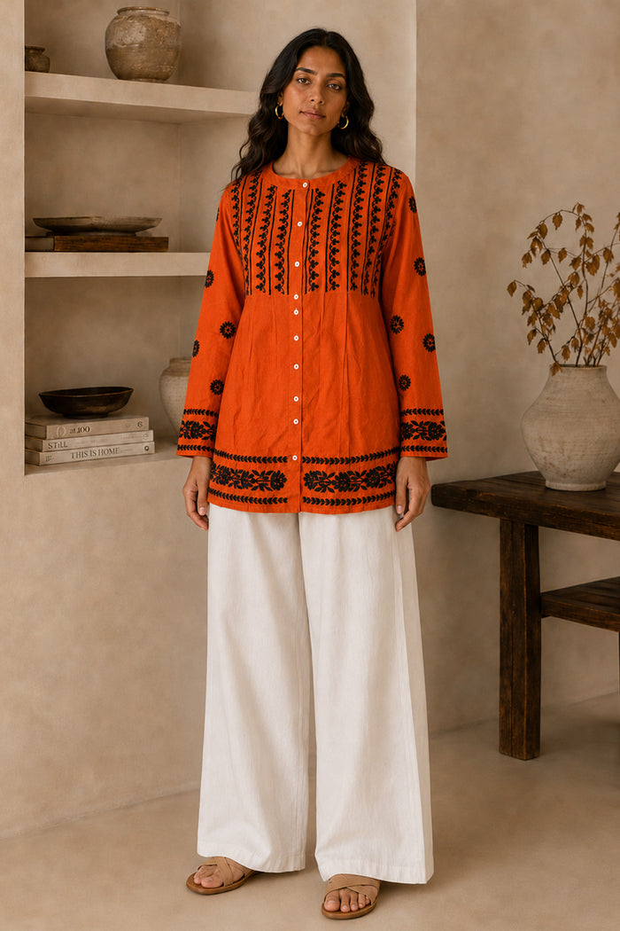 Chikankari Short Kurta Round Neck - Orange with Black Embroidery