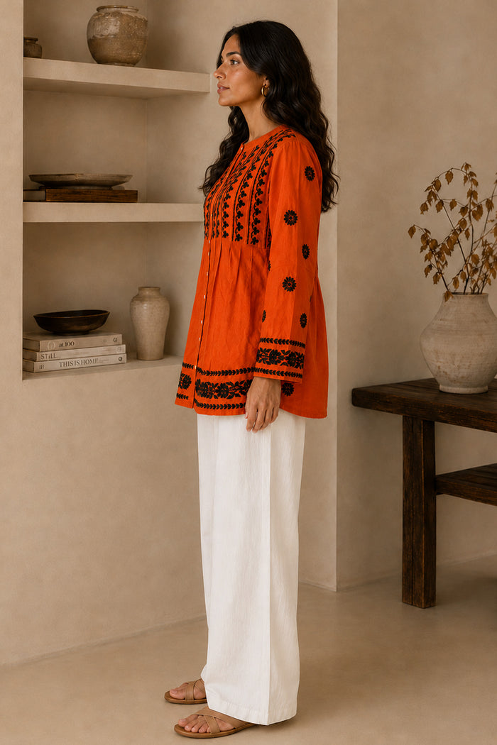 Chikankari Short Kurta Round Neck - Orange with Black Embroidery