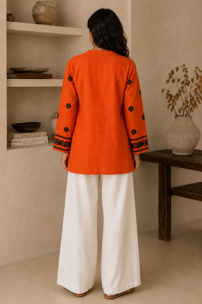 Chikankari Short Kurta Round Neck - Orange with Black Embroidery