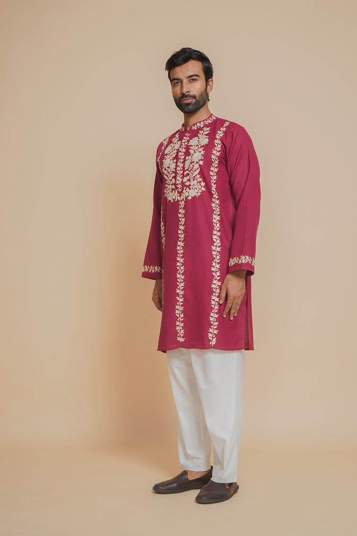 Cotton Arri Work Kurta for Men – Maroon