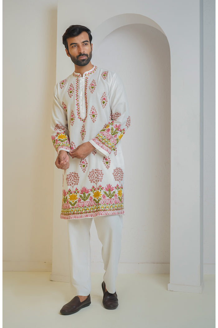 Cotton Arri Work Kurta for Men – White