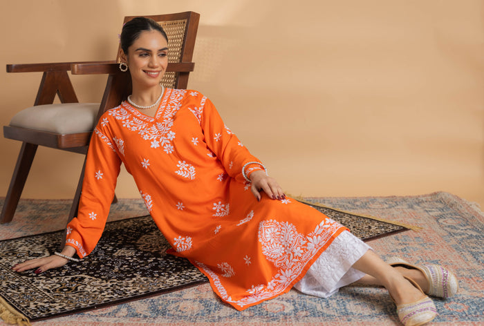 Cotton Blossom Chikankari V-Neck Kurta - Orange