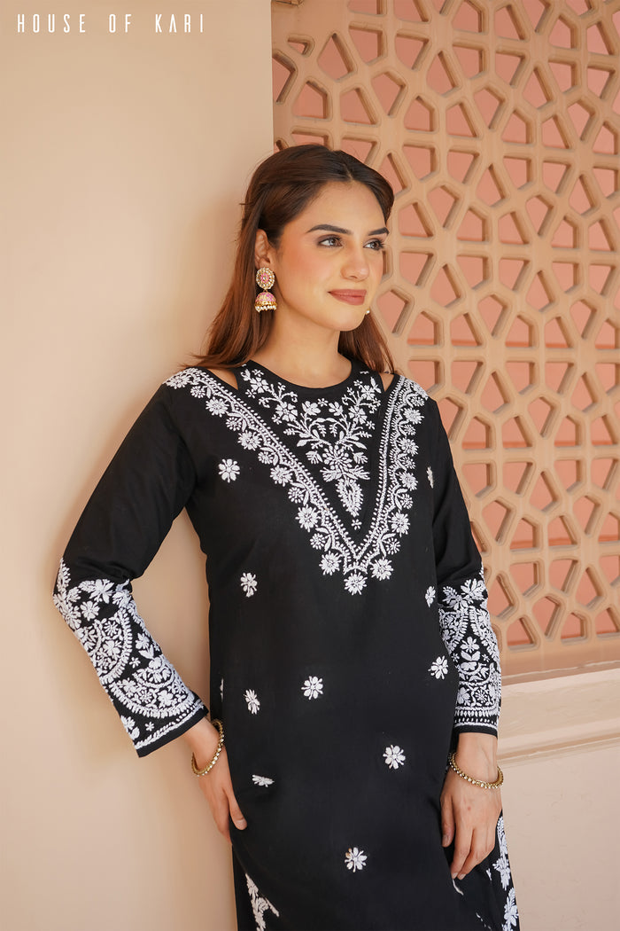 Cotton Chikankari Long Kurta Black