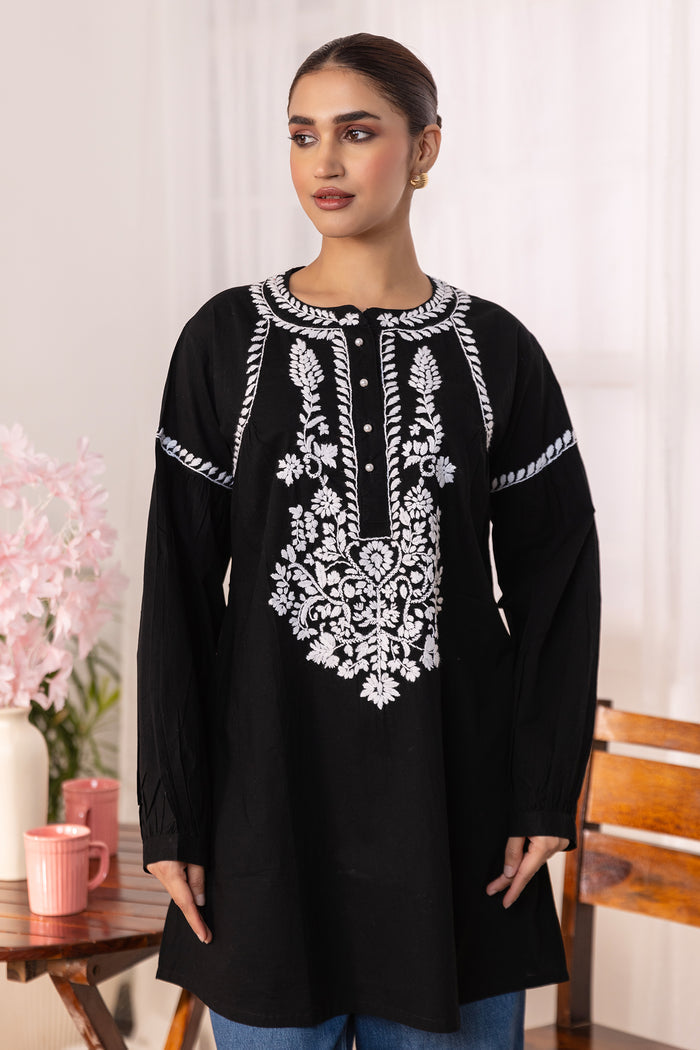 Cotton Chikankari Short Kurta - Black