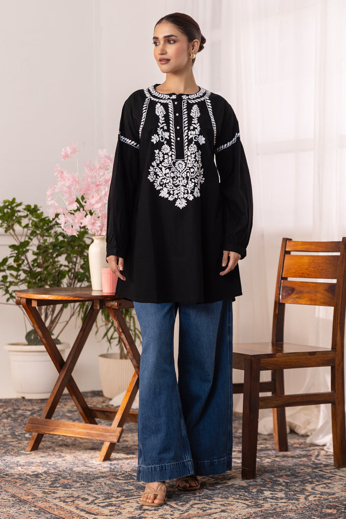 Cotton Chikankari Short Kurta - Black