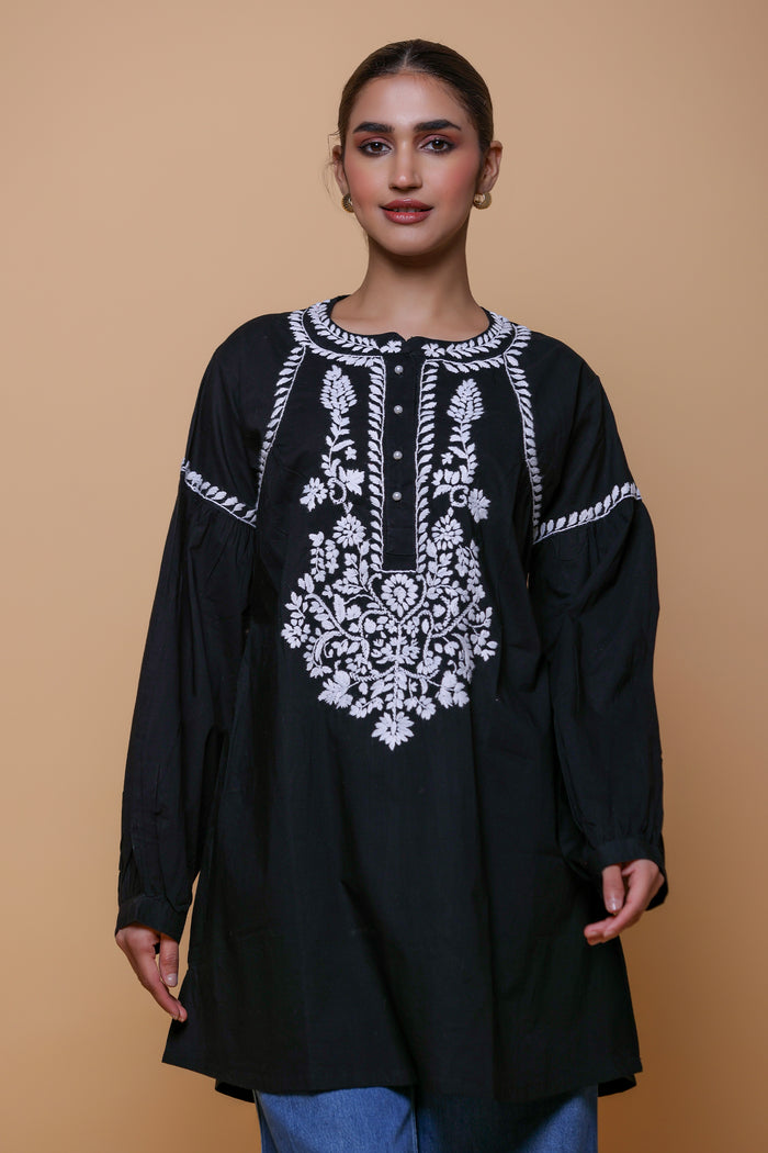 Cotton Chikankari Short Kurta - Black