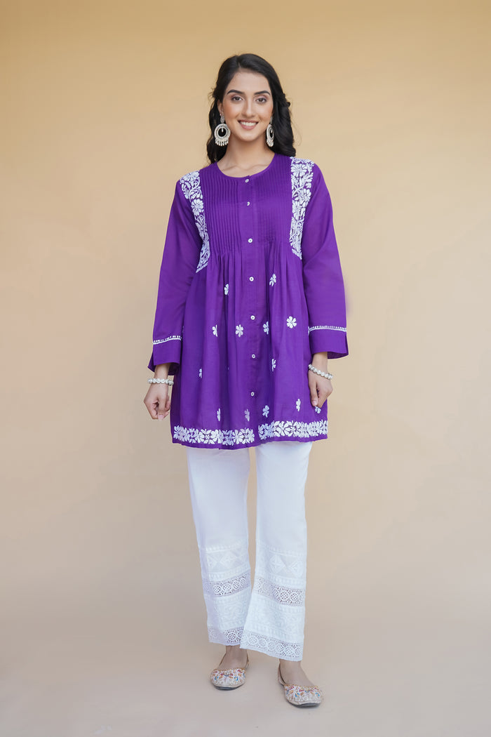 Cotton Chikankari Short Kurta in Purple