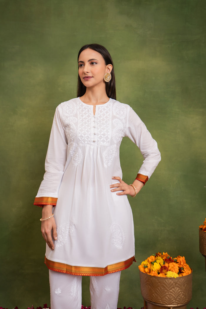 Cotton Chikankari Short Kurta in White