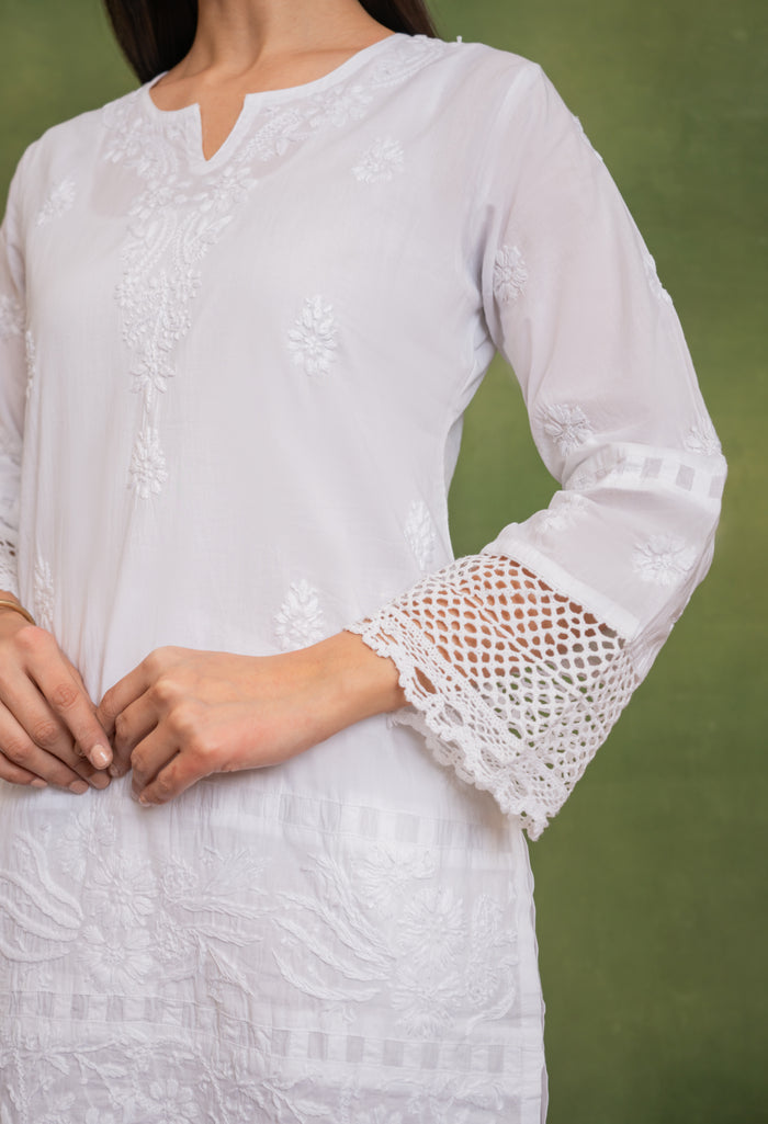 Cotton Chikankari Short Kurta in White