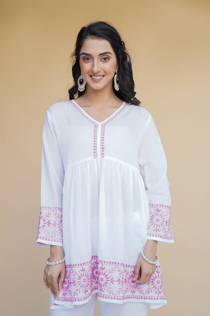 Cotton Chikankari Short Kurta in White