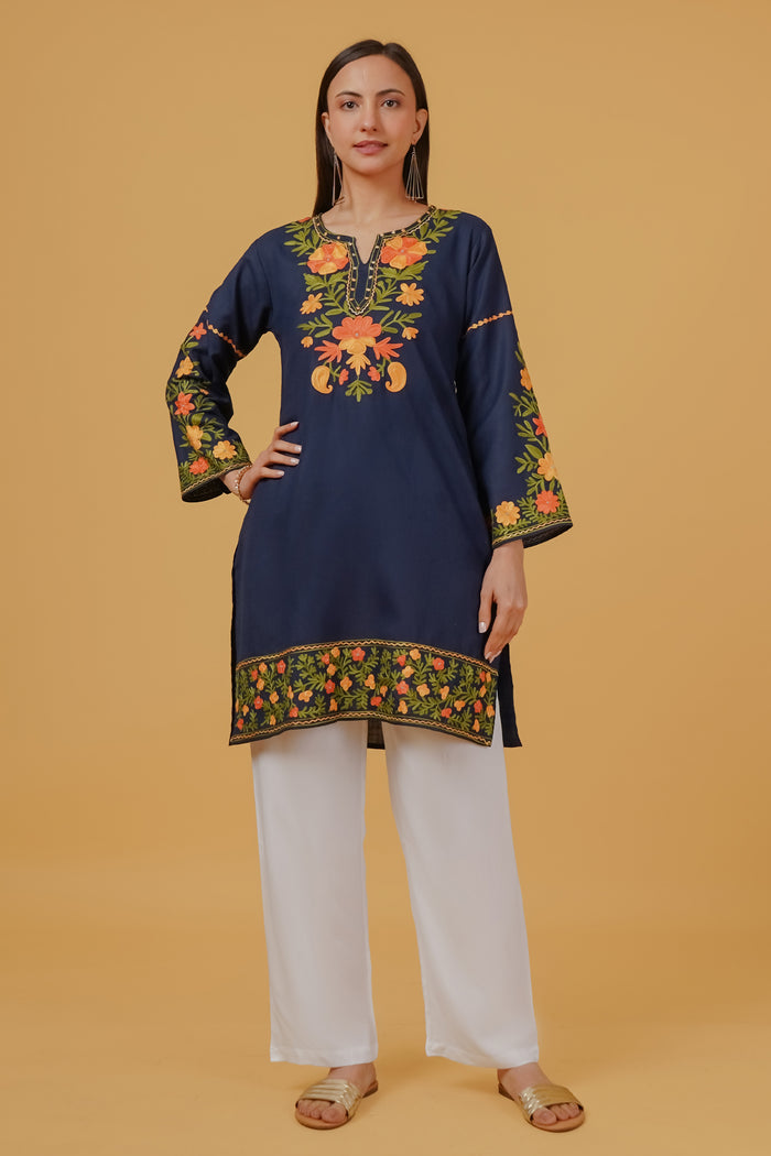 Cotton Kashmiri Aari Embroidered Long Kurta - Navy Blue
