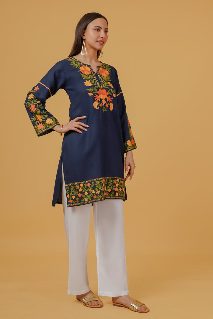 Cotton Kashmiri Aari Embroidered Long Kurta - Navy Blue