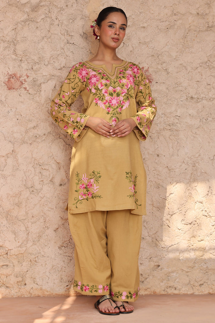Cotton Kashmiri Aari Kurta Set – Beige with Farsi Bottoms