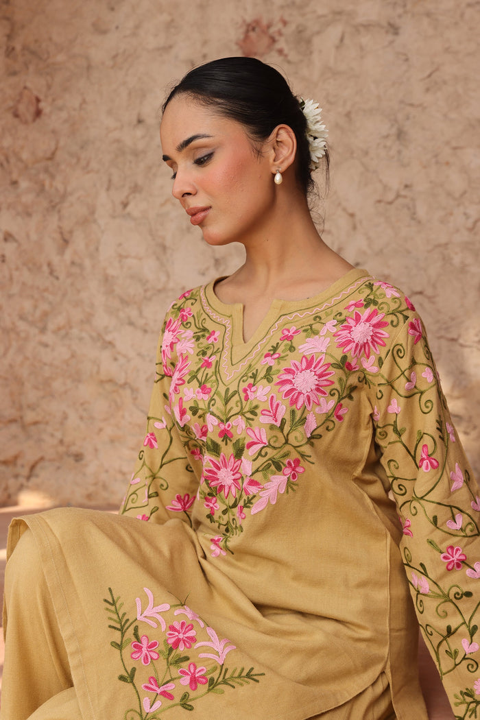 Cotton Kashmiri Aari Kurta Set – Beige with Farsi Bottoms