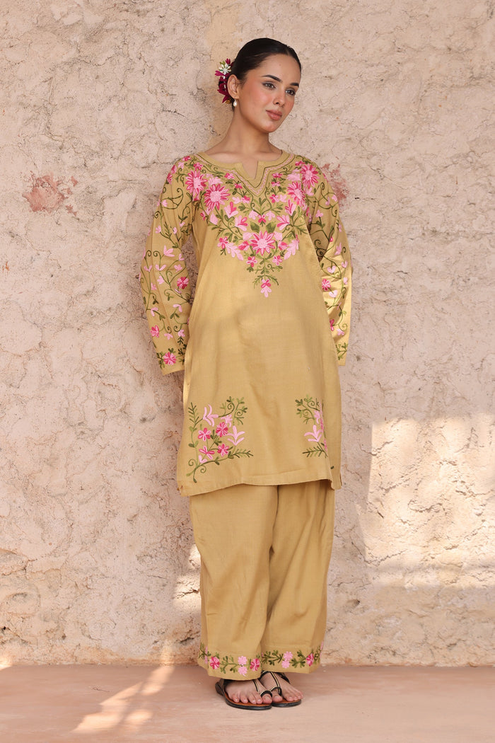 Cotton Kashmiri Aari Kurta Set – Beige with Farsi Bottoms
