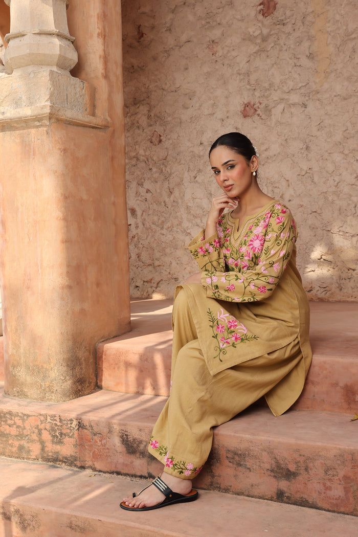 Cotton Kashmiri Aari Kurta Set – Beige with Farsi Bottoms