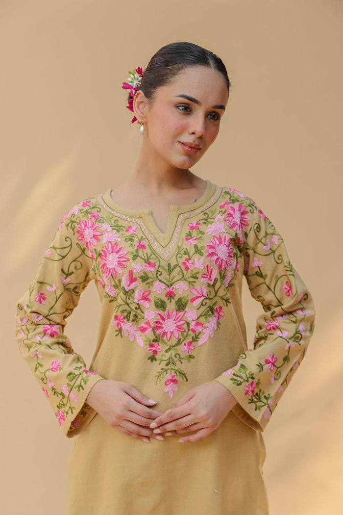 Cotton Kashmiri Aari Kurta Set – Beige with Farsi Bottoms