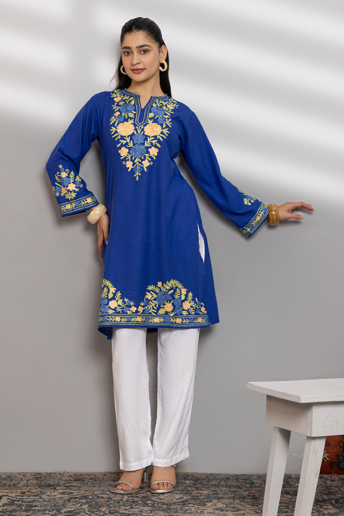 Cotton Long Kurta in Kashmiri Aari - Blue