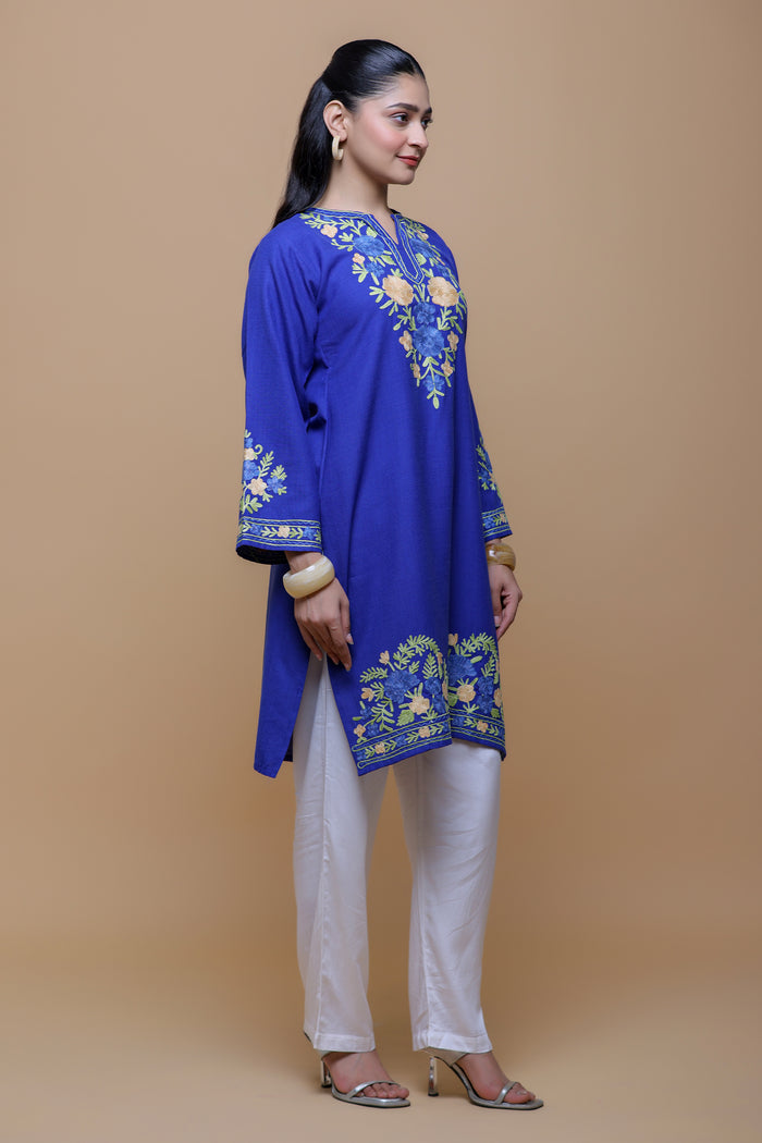 Cotton Long Kurta in Kashmiri Aari - Blue