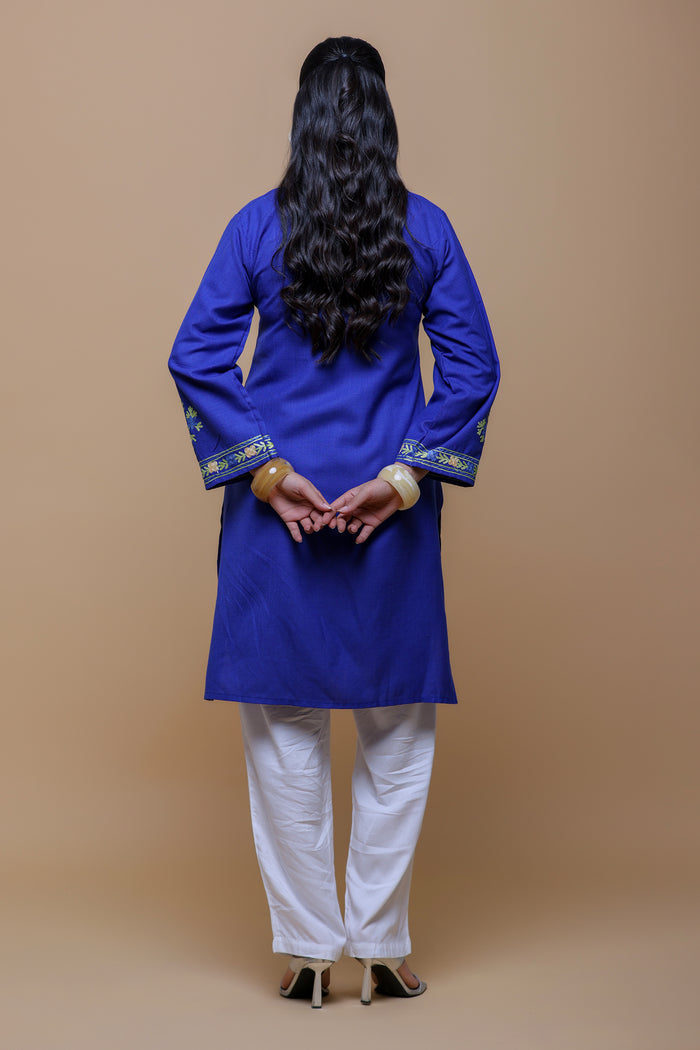 Cotton Long Kurta in Kashmiri Aari - Blue