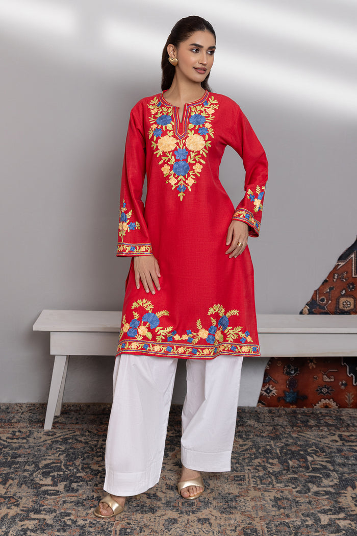 Cotton Long Kurta in Kashmiri Aari - Red