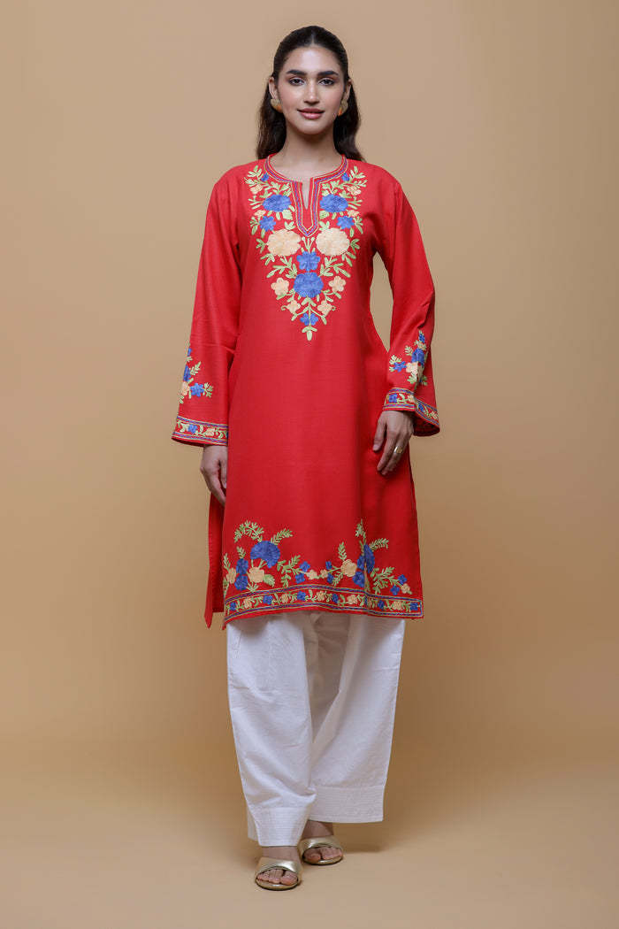 Cotton Long Kurta in Kashmiri Aari - Red