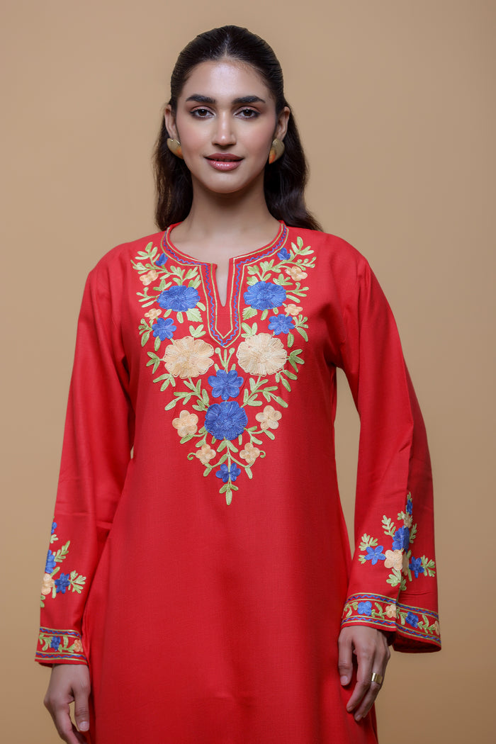 Cotton Long Kurta in Kashmiri Aari - Red