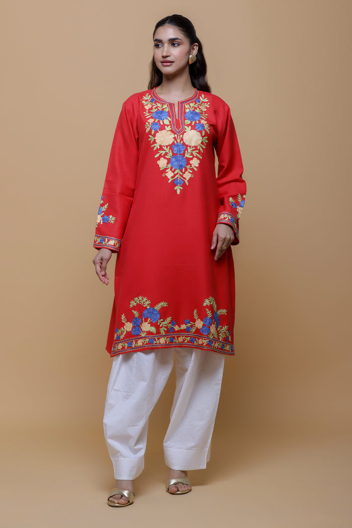 Cotton Long Kurta in Kashmiri Aari - Red