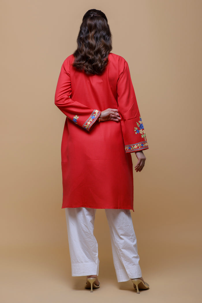 Cotton Long Kurta in Kashmiri Aari - Red