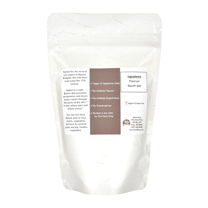 White packaging of Premium Epsom Salt on a white background