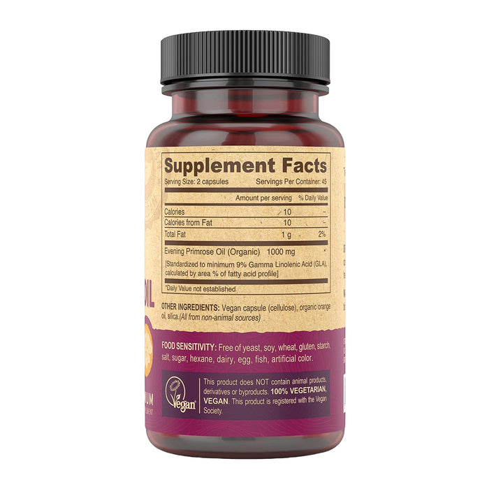 Evening Primrose Oil supplement bottle with label showing 'Supplement Facts' on a white background