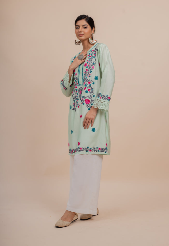 Falak Kashmiri Long Kurta In Turquoise Green Chanderi Silk With Aari