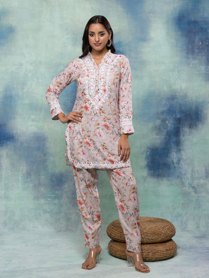 Fizaa Chikankari Co-ord set in Printed Rayon Cotton for Women- White Mulberry - House Of Kari (Chikankari Clothing)