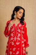 Fizaa Chikankari Crepe Silk Kurta for Women in Red Notch Neck