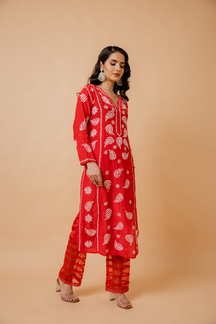 Fizaa Chikankari Crepe Silk Kurta for Women in Red Notch Neck