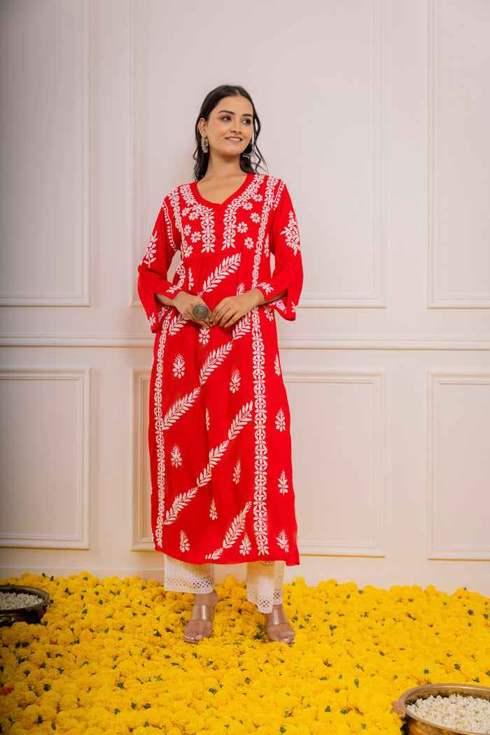 Fizaa Chikankari Kurta in Rayon Cotton V Neck Red