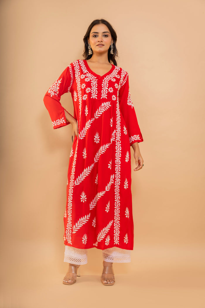 Fizaa Chikankari Kurta in Rayon Cotton V Neck Red