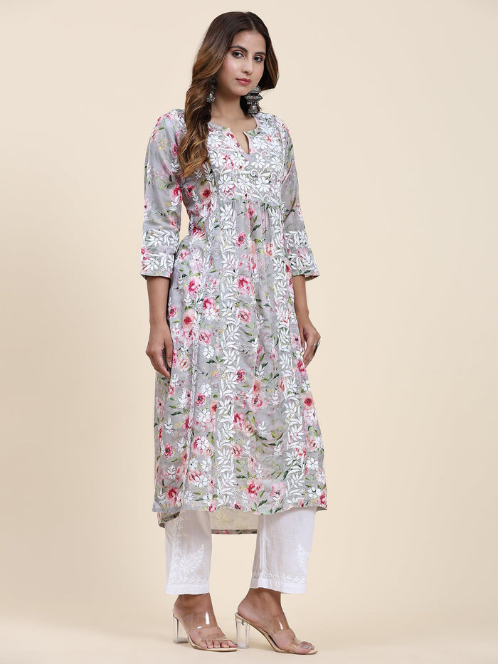 Fizaa Chikankari Long Kurta in Muslin Cotton for Women- Grey Print - House Of Kari (Chikankari Clothing)
