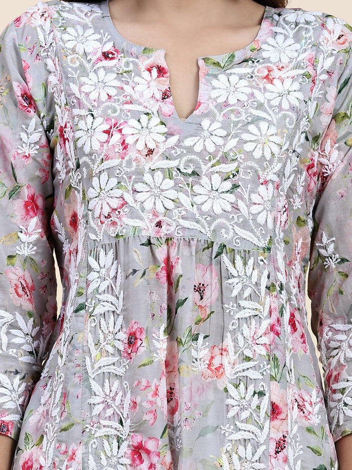 Fizaa Chikankari Long Kurta in Muslin Cotton for Women- Grey Print - House Of Kari (Chikankari Clothing)