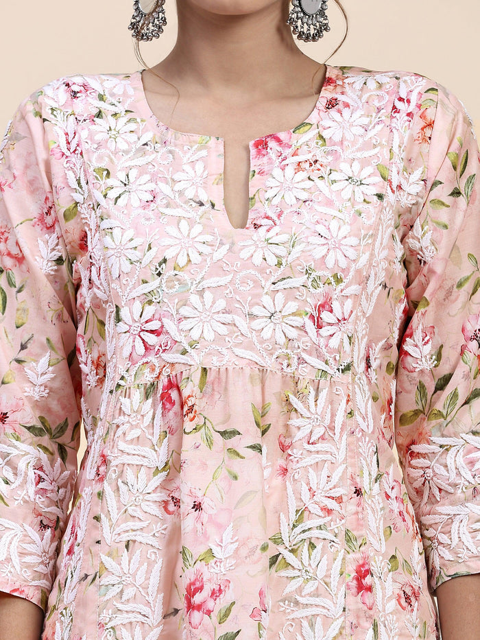 Fizaa Chikankari Long Kurta in Muslin Cotton for Women- Pink Print - House Of Kari (Chikankari Clothing)